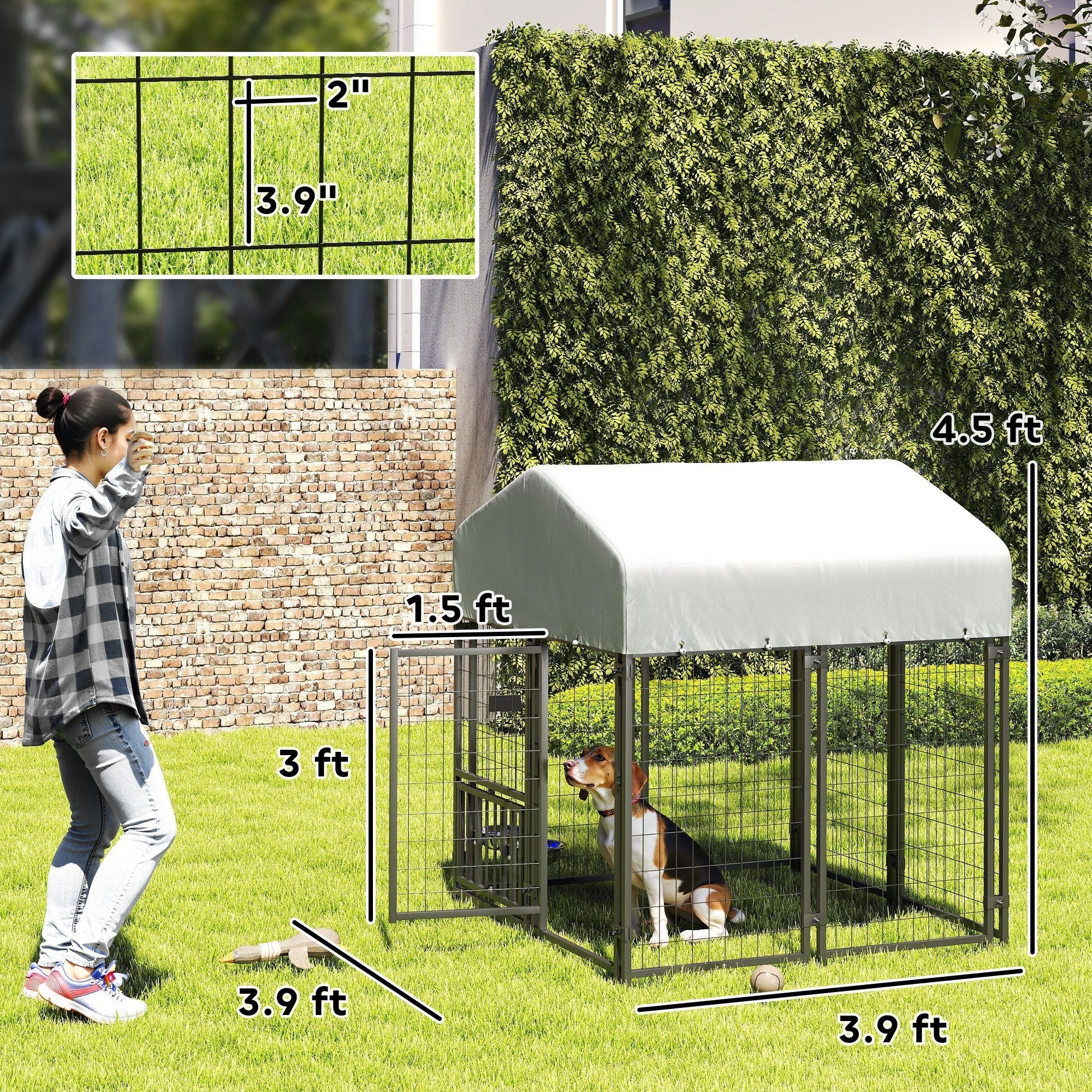 Welded Wire Dog Kennel with 360 Rotating & 4 Levels Adjustable Bowls, Waterproof Cover, 3.9 X 3.9 X 4.5