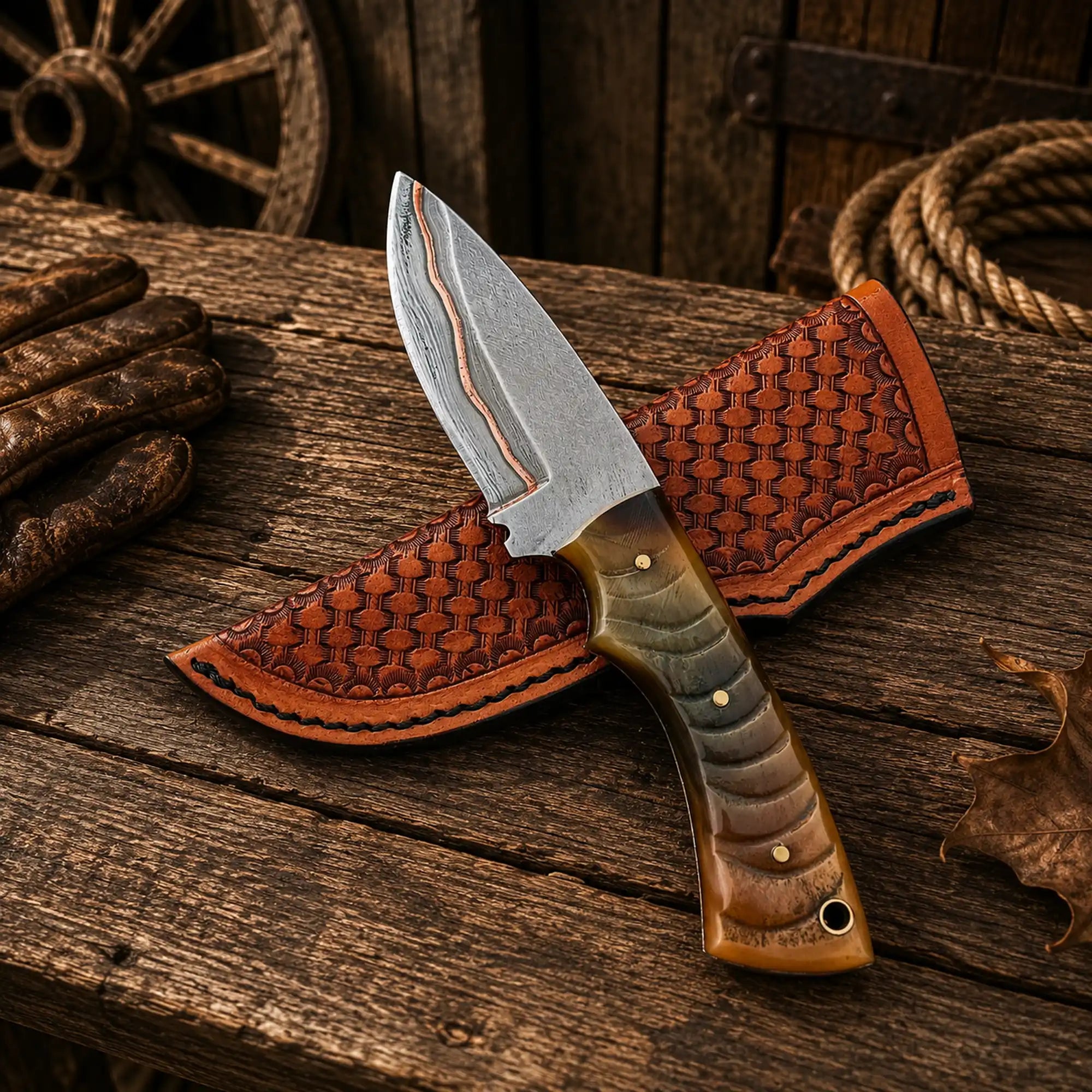 Copper Damascus Hunting Knife – Ram Horn Handle Ranch Belt Carry