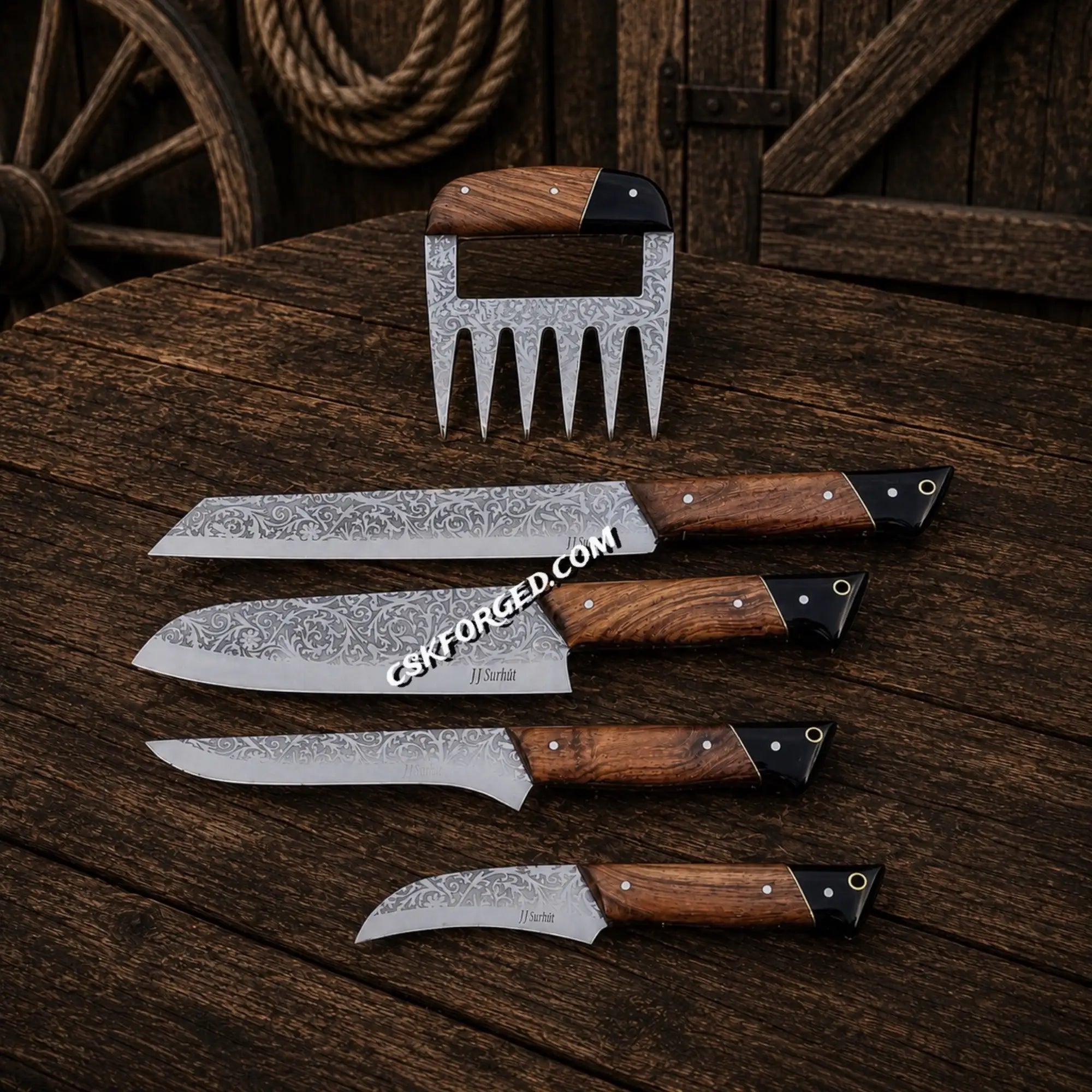 Odin’s Feast BBQ Kitchen Knife Set with Meat Claw | Etched D2 Steel Collection